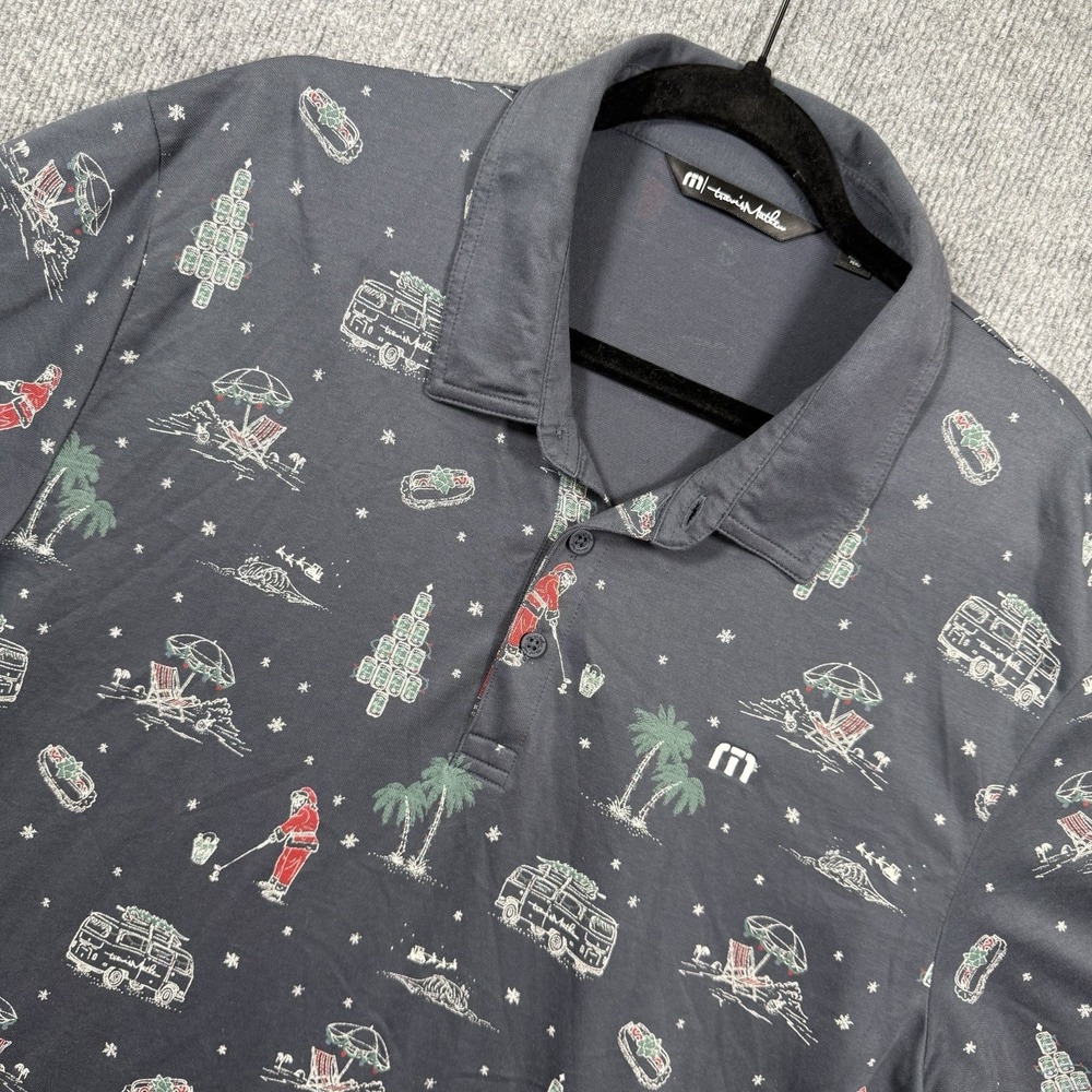 Travis Mathew Men's Polo Shirt Gray Christmas Holiday Golf Santa Print Size XXL